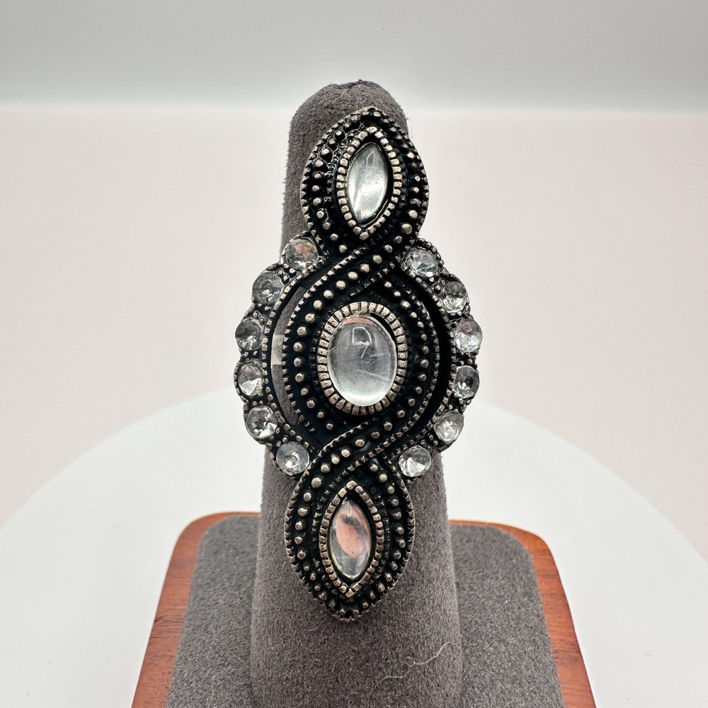Vintage 80s Gunmetal Filigree Statement Ring with Clear Rhinestones